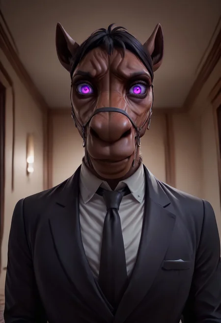 masterpiece, best quality, newest, absurdres, highres, kftenhance, 1boy, Berserk-Friendly-Horse-IL-V1.0, furry, furry male, suit, shirt, nectie, formal attire, furry male, purple eyes, smile, looking at viewer