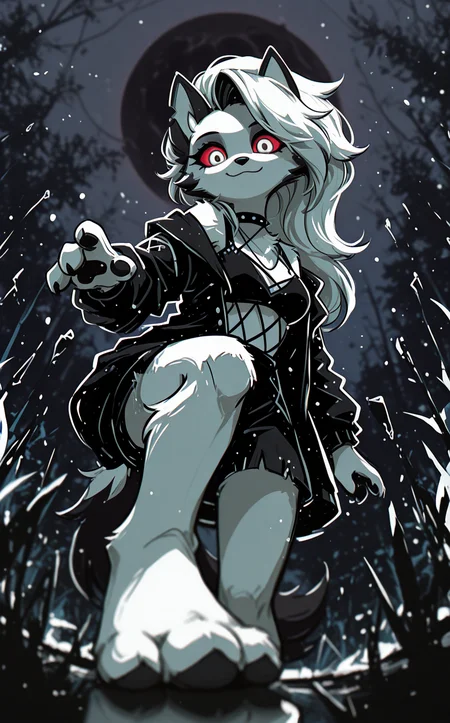 [sketch:no_lineart], solo, (blurry, depth_of_field:1.4), [abstract:0.50], loona_\(helluva_boss\), red sclera, (dynamic comparison:1.3), masterpiece, best quality, very aesthetic, looking_at_viewer, humanization, white fur, open_clothes, colored, breasts, light_smile, paws, barefoot, , ground level shot,Low-Angle Perspective, [minimalism:0.90], outline, [white eye::0.5], foot shot, BREAK (depth_of_field:1.3), photorealistic background,Ð· outdoors, nature, blurry, dark moon,[ reflection:0.8]