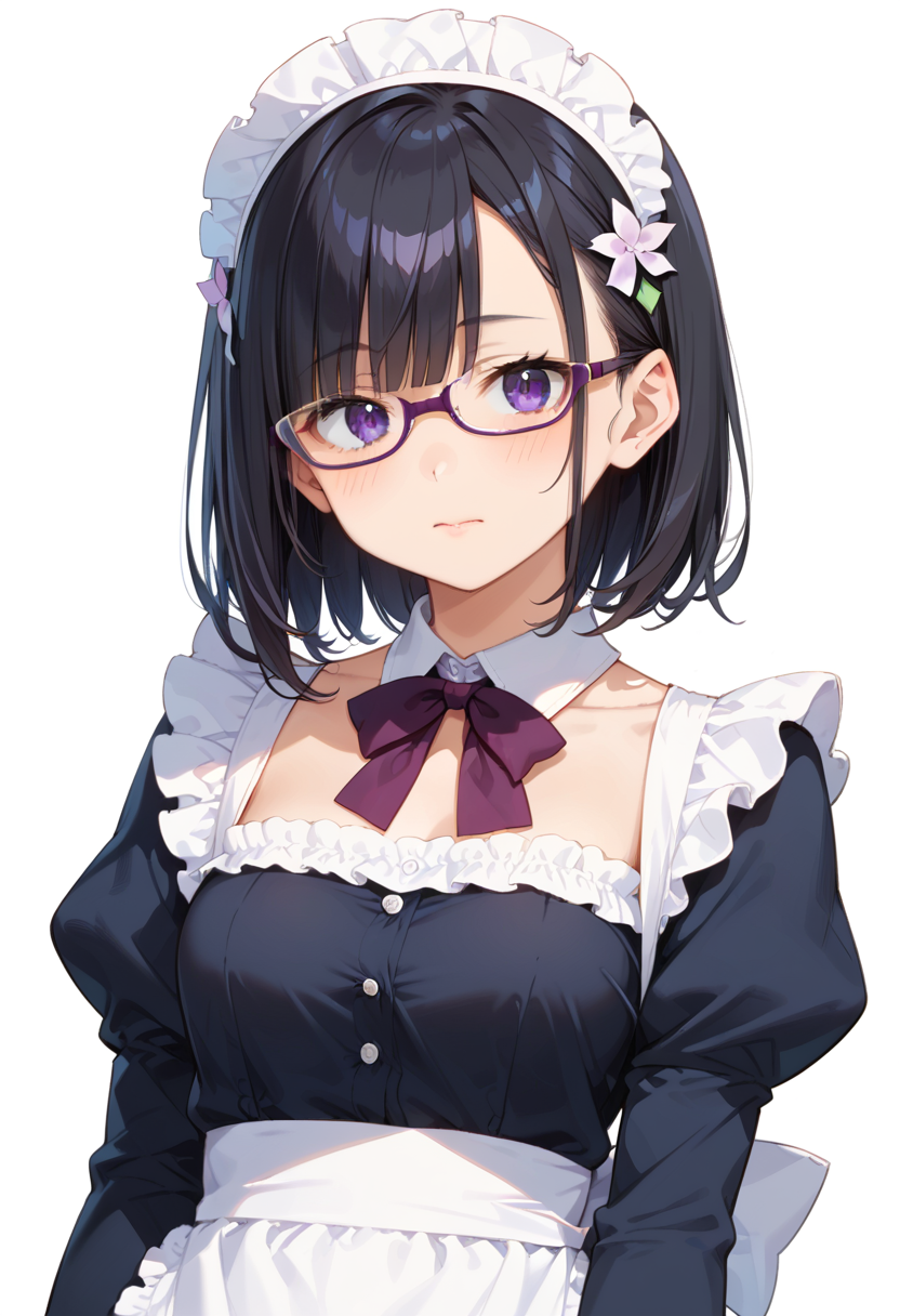 score_9, score_8_up, score_7_up, rating_safe, masterpiece, best quality, absurdres, unity 8k wallpaper, official art, official style, source_anime, uncensored, game cg, megami magazine,
1girl, solo, black hair, medium hair, upper body, covered eyes,maid, maid headdress, black dress, maid apron, face focus,
underrim_cell, glasses, still life, white background, simple background, under-rim eyewear, purple-framed eyewear, 
 <lora:glasses_underRimCell_PONY_V1:1>
