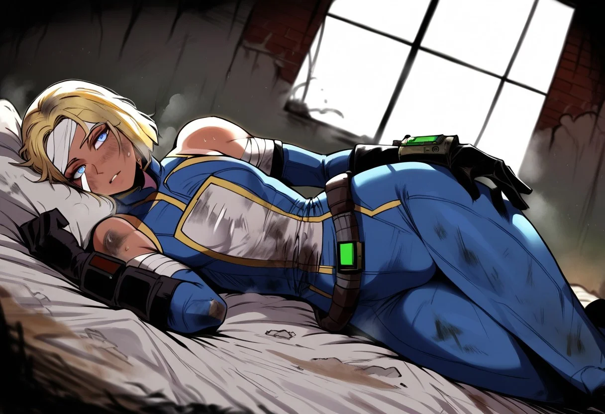 score_9, score_8_up, score_8. score_9, score_8_up, score_7_up, score_6_up, masterpiece, 4k, high quality, (best quality:1.1), ExpressiveH, close up, dutch angle.
1boy, solo, Blonde hair, tan skin, femboy, athletic, swept-back hair, blue eyes. Vault-Tec jumpsuit, Blue bodysuit, tight suit, sleeveless, leather tool belt, long leather gloves, white tanktop, sweaty, heavy breathing, exhaused, dirty clothing, sweaty, bandages in his arms.
Fallout, Fallout style, Fallout Femboy, Vaultboy, Vault bodysuit, vault jumpsuit. Weathered, dirty, Post apocalyptic
hands, perfect, easynegative, detailed,
perfect, perfection, perfect, detailed, perfecteyes. Woman. ng_deepnegative_v1_75t, easynegative, aid291, Expressiveh, lhata4564, shexyo. easynegative, ng_deepnegative_v1_75t, aid291, Expressiveh, shexyo, masoq.
Lying down in a old weathered bed, sexy posing, Lying down in bed, inside a bedroom, bedroom background