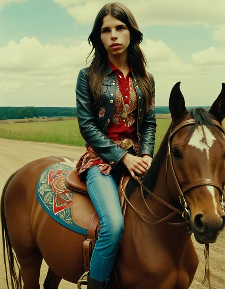 an unfiltered film still by Shepard Fairey of a bohemian woman looking like eleaxl6 riding a horse