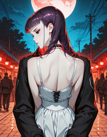 highres, best quality, masterpiece, sad,1girl,Night has fallen,casting a dim and tranquil light. Two figures are side - by - side along a pathway. One person affectionately has their arm around the other,suggesting a close bond and companionship. The surrounding trees stand silently,creating a natural enclosure. In the distance,streetlights glow faintly,adding a touch of warmth to the nocturnal scene. Other people can be vaguely seen,further emphasizing the peaceful and ordinary yet endearing nature of this moment.,dress,Medium length skirt,in summer,moon,1boy,The back of the person,back,watercolor \(medium\),, g0thic, neon,, Vintage, 1990s \\(style\\), ArsMJStyle, Colored pencil hyperdetailed realism, Nemu Kurotsuchi, Long, dark purple hair styled in a straight cut with bangs, Deep, dark eyes, Pale complexion, Slender and athletic build, Wears a standard black ShihakushÅ with a reddish choker, black and red combat outfit with armored elements, Calm and expressionless demeanor, white choker