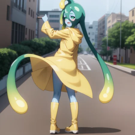 <lora:Suu:1>
anime coloring,city,
raincoat, rubber boots, yellow raincoat, green eyes, solo, tentacle hair, slime girl, boots, monster girl, blue skin, green hair, yellow footwear, colored skin, open mouth, ahoge, long hair, full body, very long hair, blush, smile, looking back,from behind,