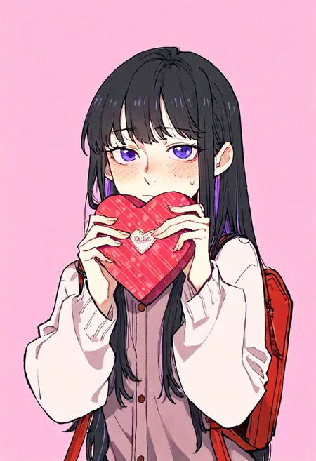 an1hu4, 1girl, shy, holding pink valentine, high school background, masterpiece, best quality, amazing quality, intricate detail, highly detailed, absurdres