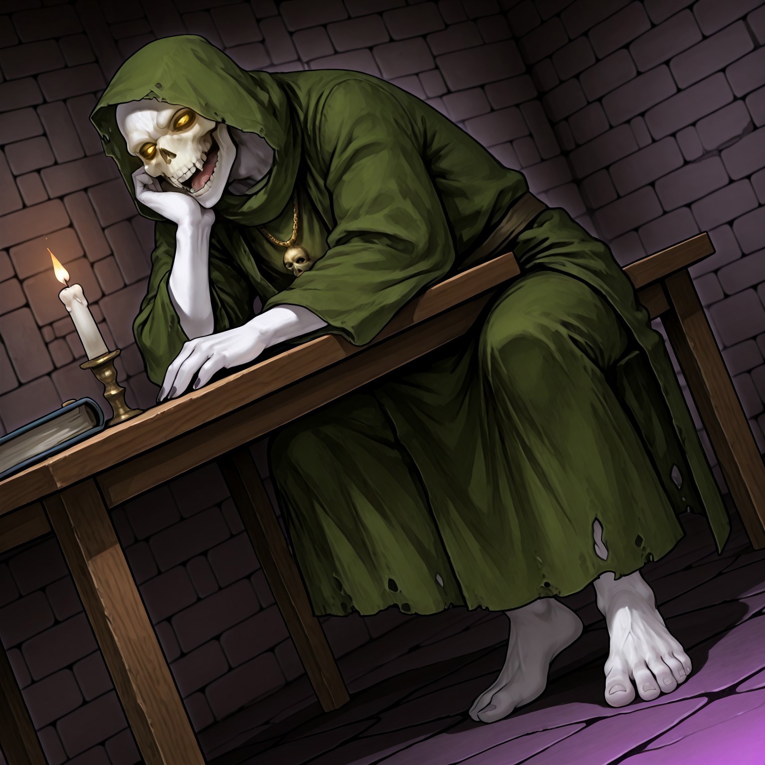 score_9,score_8,score_7,source_furry,
(masterpiece, best quality, high quality:1.2), detailed hands,character focus, detailed skins, body blush, cinematic shadow, character focus, ultra detailed background, 
 <solo:1.5>, <1boy:1.5>,
(anime:3.5), (dutch angle:1.5), from below, 
detailed skull, detailed face, detailed teeth,
polewiz, male focus, white skin, skull, bald, teeth, tongue, golden necklace, green hood, green cloak, green robes, torn robes, Olive color kanzugi, short kanzugi, green skirt, wide sleeve, (long sleeve:1.2), glowing eyes, yellow eyes, deep eyes hole, long fingernails, gaunt, bony, barefoot, (detailed toes:1.8), adult,
dark purple back ground, abyss, block wall, dungeon background, (darkness:1.5),
(head rest on table:1.5), parchment, ink and quill on table, candle,