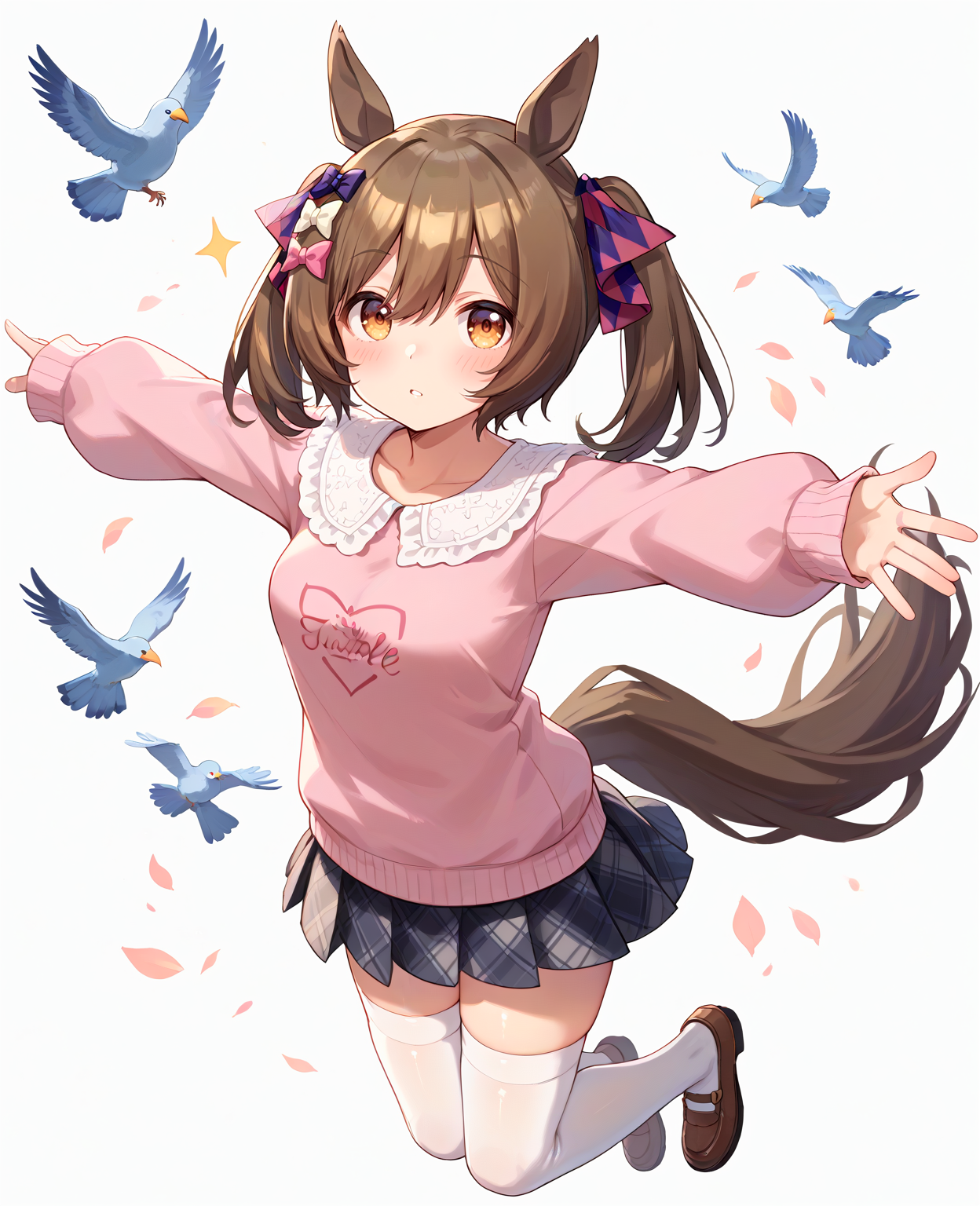 score_9, score_8_up, score_7_up, 1girl, (looking at viewer:1.2), (open mouth:0.6), expressionless,, blush, simple background,, (Balancing with arms outstretched, mimicking a bird in flight:1.2),, (full body:1.2),
<lora:pony_smart_falcon_v1.01:0.9>, smart falcon \(umamusume\), horse ears, horse tail, medium breasts, twintails,
thighhighs, long sleeves, hair ribbon, plaid skirt, casual, pink sweater, plaid pattern hair ribbon, hairclip, ,
,