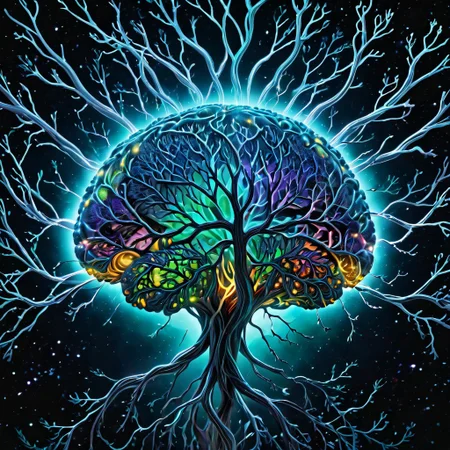 biolumen, detailed human brain, tree, leaf, branches, stem, galaxy, night sky, BL4CK3STBL4CK, black_theme, matte_color, flat color