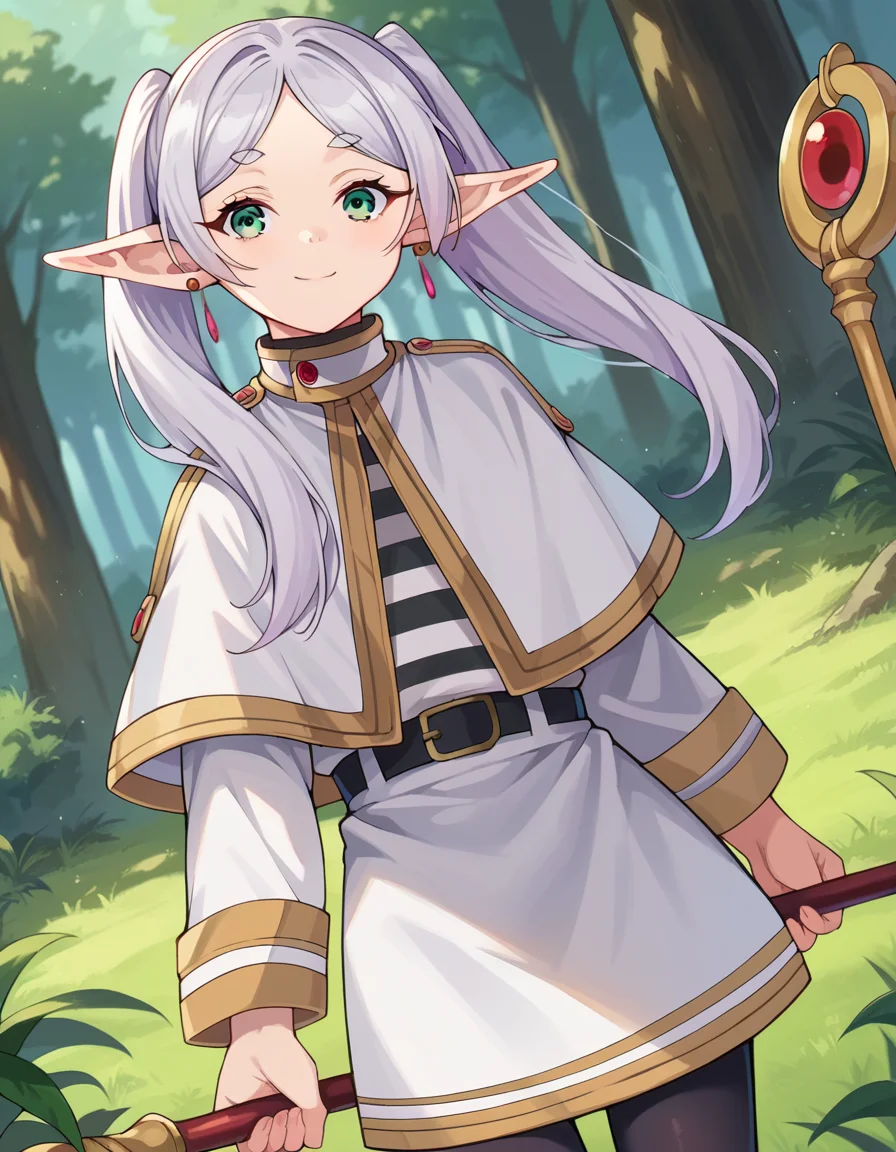 score_9, score_8_up, score_7_up, source_anime,
frieren, <lora:frieren-ponyxl-lora-nochekaiser:1>,
frieren, long hair, twintails, green eyes, grey hair, pointy ears, elf, smile,
shirt, long sleeves, jewelry, pantyhose, earrings, striped, black pantyhose, capelet, striped shirt, skirt, white skirt,
outdoors, forest, nature, staff, holding staff, briefcase,
looking at viewer, cowboy shot, dutch angle,