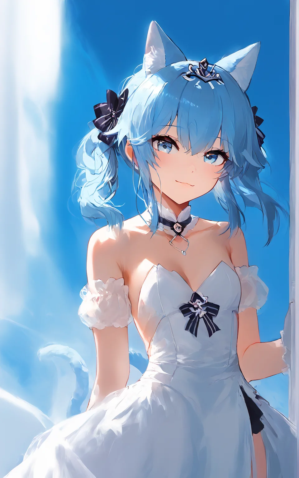 score_9,score_8_up,score_7_up,,source_anime BREAK, 1girl, solo,, s1_dram, on country, Suzunami, Suzunami \\\(Azur Lane\\\), , 1girl, manjuu \(azur lane\), animal ears, official alternate costume, white gloves, tail, blue hair, blue eyes, white thighhighs, cat ears, garter straps, white dress, looking at viewer, bare shoulders, strapless, twintails, cat tail,tiara, , upper body, smile<lora:S1_Dramatic_Lighting_v2:0.8>,<lora:Suzunami:1>,<lora:incase-ilff-v3-4:1>