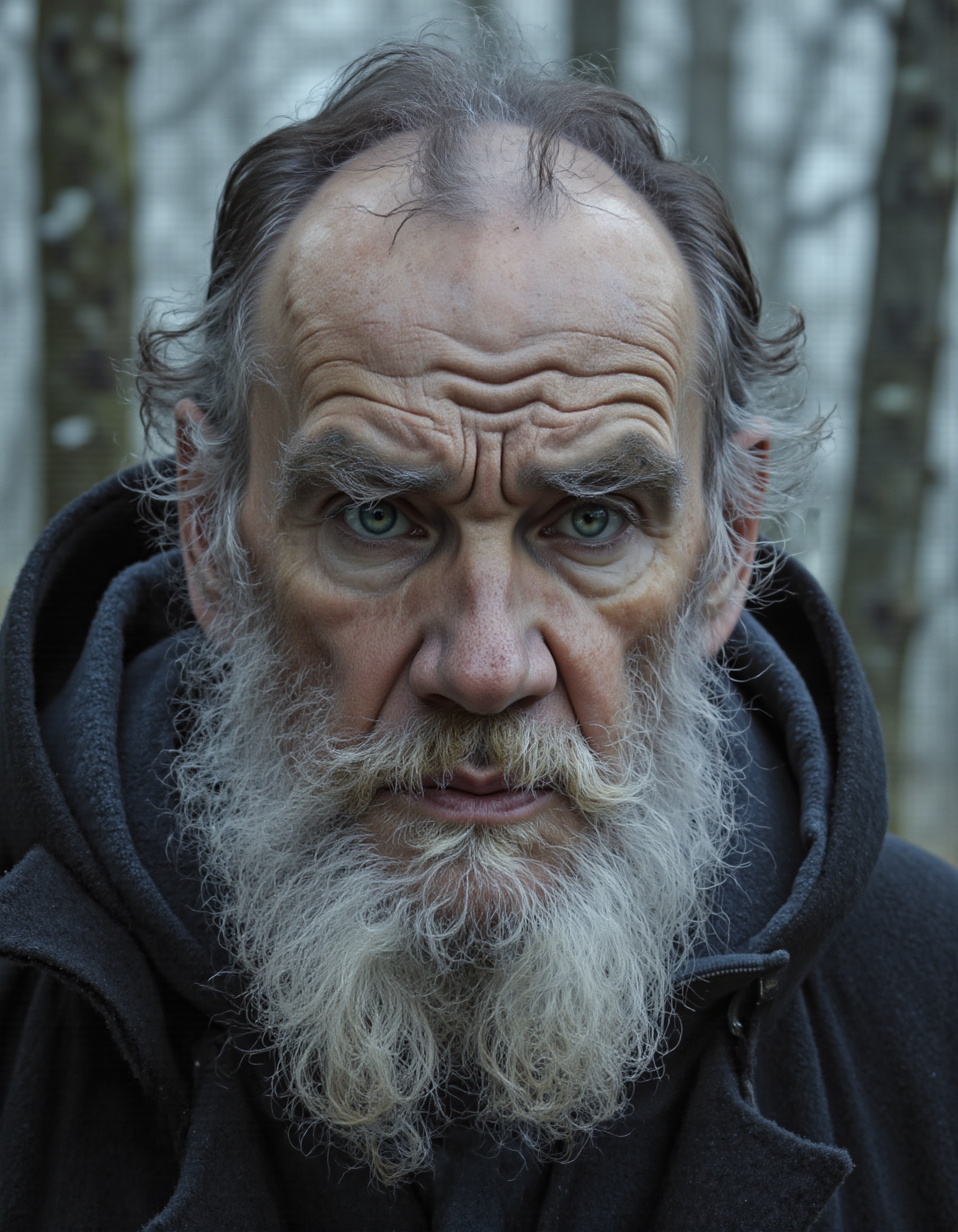 <lora:Dark_Ghibli:0.7>, <lora:Cartoon_Sheva:0.6>, This is a high-resolution photograph of an elderly man with a rugged, weathered appearance, captured in a close-up, almost macro-like, view. His skin is deeply lined and textured, with a pronounced brow, giving his face an intense, almost menacing expression. His piercing blue eyes, framed by bushy, dark gray eyebrows, are directed directly at the camera, conveying a sense of deep contemplation or concern. He has a full, white beard and mustache, with a few gray hairs mixed in, and his hair is short and graying., 
He is dressed in a dark, thick winter jacket, likely made of a heavy fabric like wool, with the hood up, suggesting a cold, possibly forested environment. The background is blurred but suggests a forest setting with tall trees, their trunks and branches obscured by the dense fog or mist, adding a moody, almost surreal atmosphere to the image. The lighting is soft and natural, likely from an overcast sky, which casts a diffused light that highlights the details of his face without harsh shadows. The overall mood is somber and introspective, with the man's expression conveying a deep sense of thoughtfulness or perhaps a hint of sorrow., <lora:t0lst0y:1>
