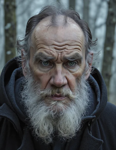 <lora:Dark_Ghibli:0.7>, <lora:Cartoon_Sheva:0.6>, This is a high-resolution photograph of an elderly man with a rugged, weathered appearance, captured in a close-up, almost macro-like, view. His skin is deeply lined and textured, with a pronounced brow, giving his face an intense, almost menacing expression. His piercing blue eyes, framed by bushy, dark gray eyebrows, are directed directly at the camera, conveying a sense of deep contemplation or concern. He has a full, white beard and mustache, with a few gray hairs mixed in, and his hair is short and graying.,
He is dressed in a dark, thick winter jacket, likely made of a heavy fabric like wool, with the hood up, suggesting a cold, possibly forested environment. The background is blurred but suggests a forest setting with tall trees, their trunks and branches obscured by the dense fog or mist, adding a moody, almost surreal atmosphere to the image. The lighting is soft and natural, likely from an overcast sky, which casts a diffused light that highlights the details of his face without harsh shadows. The overall mood is somber and introspective, with the man's expression conveying a deep sense of thoughtfulness or perhaps a hint of sorrow., <lora:t0lst0y:1>