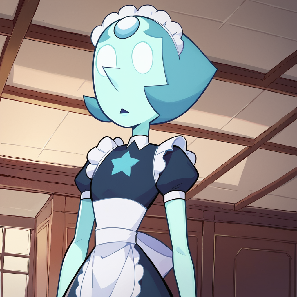 score_9, score_8_up, score_7_up, 1girl, HoloPearl, colored skin, blue skin, short hair, blue hair, forehead jewel, blank eyes, flat chest, narrow waist, wide hips, looking at viewer, maid, maid headdress, maid apron, highres, high quality, masterpiece, <lora:HoloPearl:0.8>