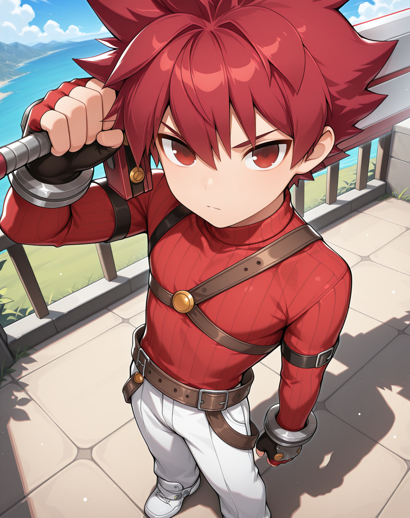 masterpiece, amazing quality, best quality, absurdres, very aesthetic,
1boy, solo, yaoi, male focus, full body, from above, standing, looking at viewer, face focus,
<lora:Elsword_Base_ilxl:1> elswordbase, red eyes, spiked hair, red hair,
ribbed sweater, white pants, fingerless gloves, belt, red shirt, sneakers, white footwear, 
holding sword, holding weapon, sword over shoulder, weapon over shoulder, left-handed, 
outdoors, day, blue sky,