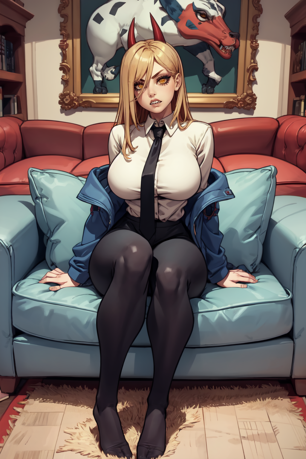 1girl, (solo:1.2), curvy, (masterpiece:1.2), (best quality:1.2), (perfect anatomy:1.4), (perfect female anatomy:1.2), (confident:1.2),
<lora:xxNikichenxx [MockAi - v1.0]:0.8> xxnikichenxx, pinup, shiny skin, (large breasts:1.2), <lora:Power [justTNP - v1.0]:1> power \(csm\), sharp teeth, symbol-shaped pupils, cross-shaped pupils, blonde hair, yellow eyes, blue jacket, collared shirt, black necktie, black pants, (living room scenery:1.4), inside, (comfy sofa:1.3)