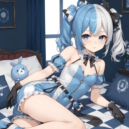 1girl,solo,
(score_9,score_8_up,score_7_up, source_anime,rating_all),
BREAK
lying,on side,
blush,
<lora:mmmemo-joker-psplive-pony6-xl-flyingdeer-e12-r1p:0.8>,
MMMemo,
twintails,medium hair,bangs,
(blue hair, white hair, two-tone hair),(split-color hair:0.7),
(bow, hair bow),
blue eyes,mole under eye,
black glove,asymmetrical gloves,
neck ruff,
detached collar,
bare shoulders,
checkered clothes,asymmetrical clothes,two-tone shirt,
puffy short sleeves,
shorts,puffy shorts,