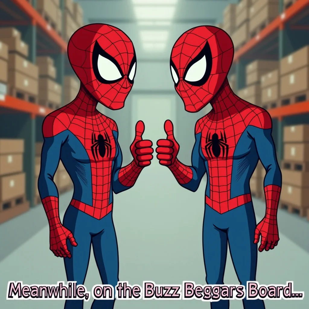 Like the spider-man meme. Cartoon style, flat colors. Two spider-men are standing face to face in a warehouse. They each give a thumbs up.
At the bottom of the image, there is text that reads "Meanwhile, on the Buzz Beggars Board..."