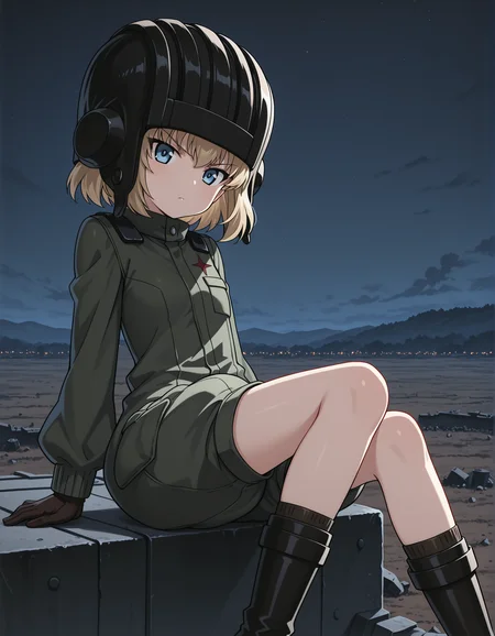 masterpiece,best quality, absurdres, highres, <lora:katyusha illu:1> katyushaillu, long sleeves, pravda military uniform, short jumpsuit, helmet, brown gloves, solo, sitting, looking at viewer, battlefield, black boots, night, solo