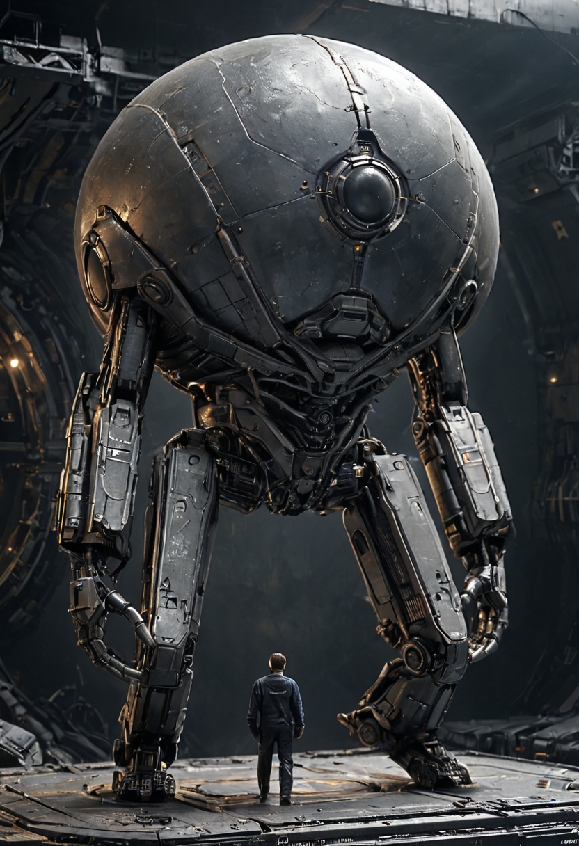 outstanding machinery,,big machine monster,form floating in the air,metal ball,1980s \(style\),science fiction,combined with the human body,half man, half machine, science fiction, dark mood, ambient light