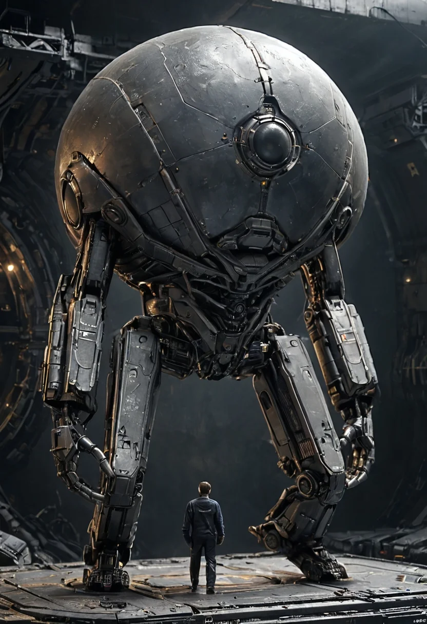 outstanding machinery,,big machine monster,form floating in the air,metal ball,1980s \(style\),science fiction,combined with the human body,half man, half machine, science fiction, dark mood, ambient light