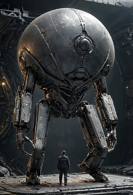 outstanding machinery,,big machine monster,form floating in the air,metal ball,1980s \(style\),science fiction,combined with the human body,half man, half machine, science fiction, dark mood, ambient light