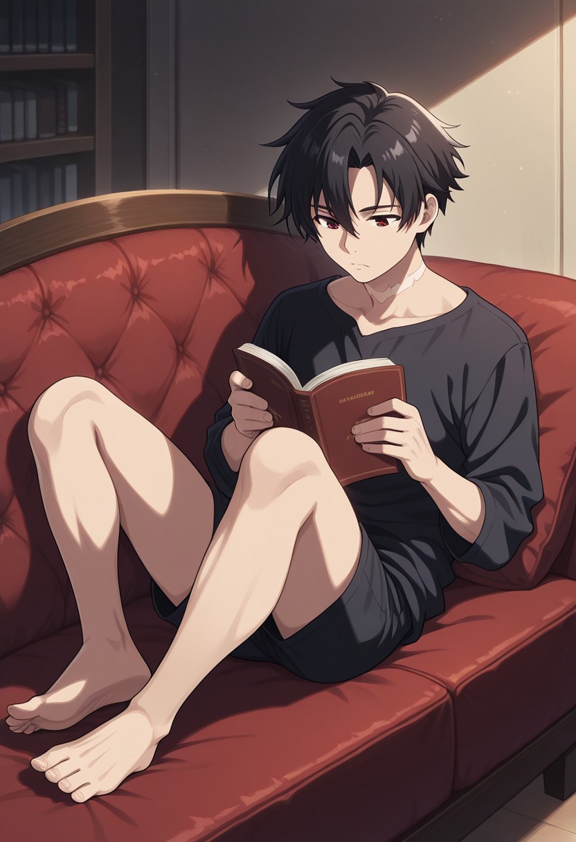 masterpiece,best quality,amazing quality, source_anime, 
ShineiNouzen, 1boy, male focus, solo, red eyes, black hair, scar on neck, sitting, couch, reading, book, barefoot,