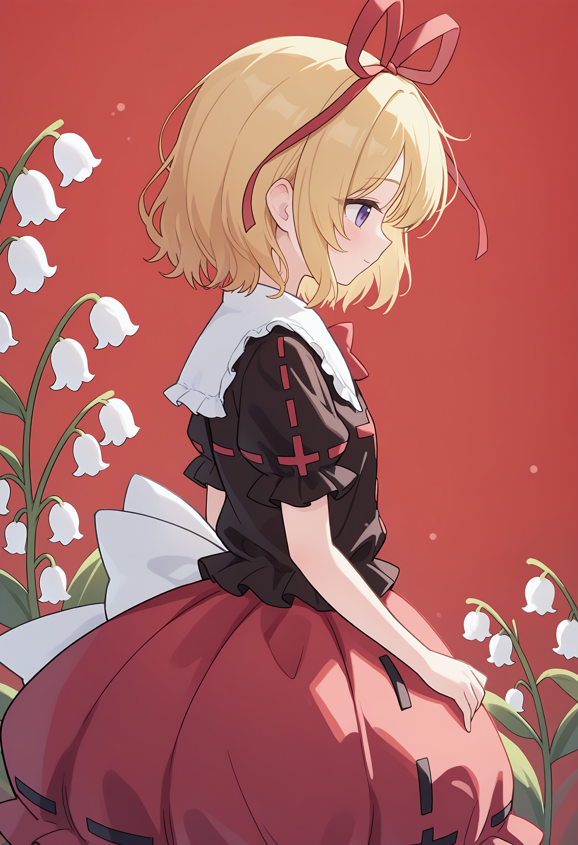 ,medicine melancholy, 1girl, solo, smile, short hair, simple background, shirt, skirt, blonde hair, bow, ribbon, closed mouth, purple eyes, hair ribbon, flower, short sleeves, frills, puffy sleeves, from side, red ribbon, black shirt, puffy short sleeves, profile, red skirt, white flower, frilled sleeves, red background, frilled shirt collar, frilled shirt, brown shirt, bubble skirt, lily of the valley,<lora:Nonddu_Style_NBV1.safetensors:0.95:1>,,masterpiece,best quality,newest,absurdres,highres,very awa,detail background <lora:None:0.9500000000000002>