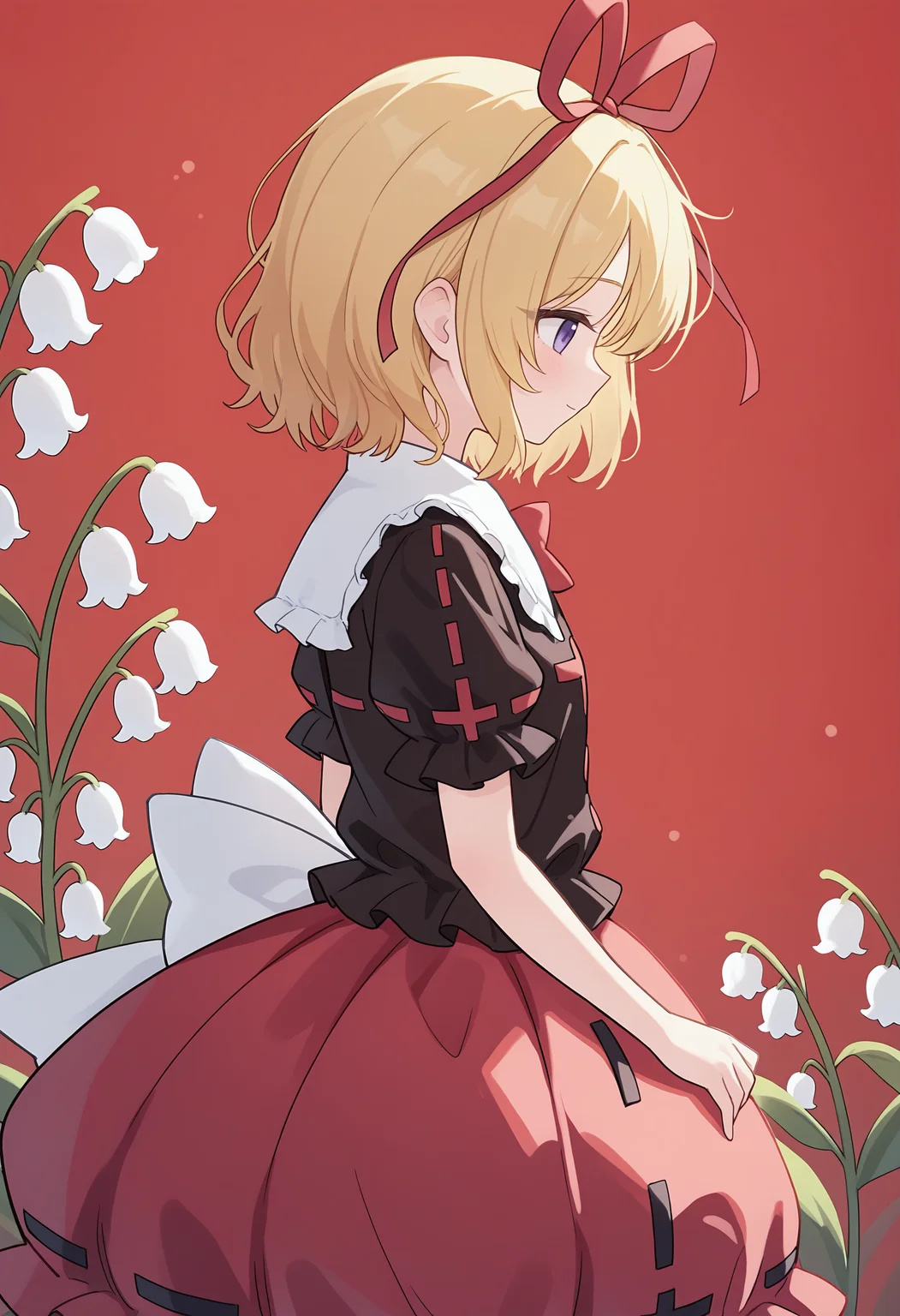 ,medicine melancholy, 1girl, solo, smile, short hair, simple background, shirt, skirt, blonde hair, bow, ribbon, closed mouth, purple eyes, hair ribbon, flower, short sleeves, frills, puffy sleeves, from side, red ribbon, black shirt, puffy short sleeves, profile, red skirt, white flower, frilled sleeves, red background, frilled shirt collar, frilled shirt, brown shirt, bubble skirt, lily of the valley,<lora:Nonddu_Style_NBV1.safetensors:0.95:1>,,masterpiece,best quality,newest,absurdres,highres,very awa,detail background <lora:None:0.9500000000000002>