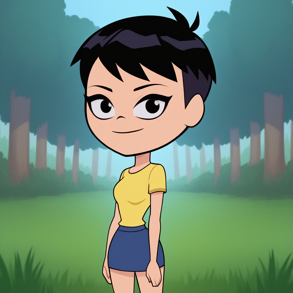 score_8_up, BREAK, TTG, chibi, 1girl, solo, black hair, black eyes, short hair, yellow t-shirt, skirt, cowboy shot, <lora:TeenTitanGo_PXL_Leaf2:1>, looking at viewer, forest, blue sky,