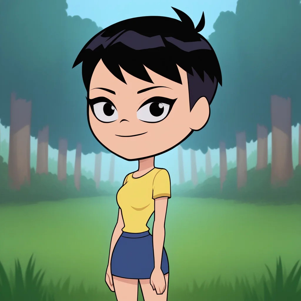 score_8_up, BREAK, TTG, chibi, 1girl, solo, black hair, black eyes, short hair, yellow t-shirt, skirt, cowboy shot, <lora:TeenTitanGo_PXL_Leaf2:1>, looking at viewer, forest, blue sky,