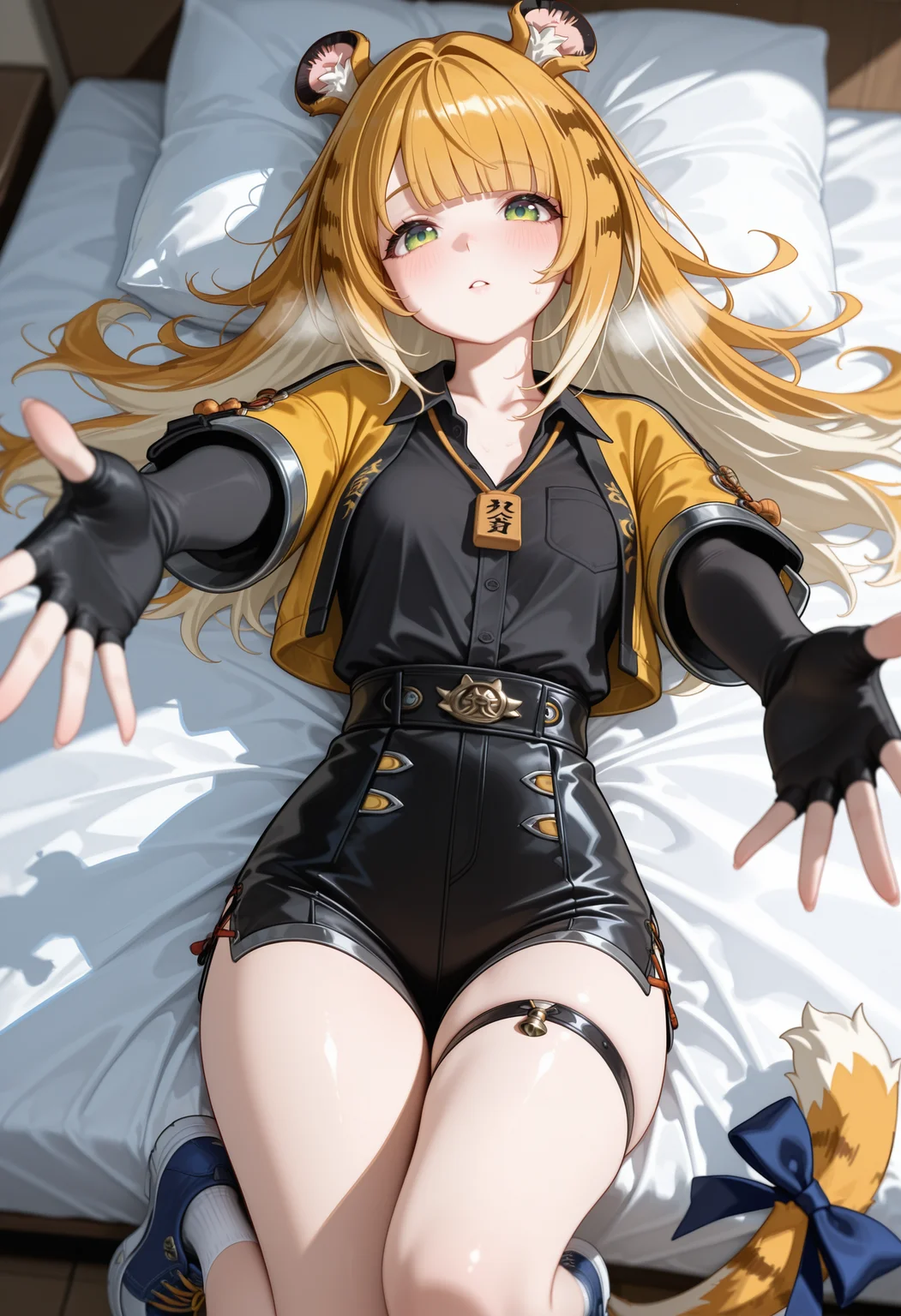 1girl,solo,Ju_Fufu, animal ear fluff, animal ears, tiger girl, tiger tail, green eyes, blonde hair, long hair, tail ornament, tail bow, blue bow, multicolored hair, colored inner hair, blunt bangs, black shorts, fingerless gloves, short shorts, yellow jacket, collared shirt, short sleeves, cropped jacket, thigh strap, black shirt, high-waist shorts, open jacket, shirt tucked in, sleeves past wrists,looking_at_viewer, (upper_body:1.3), on back, evening, on bed, on back, heavy breathing, collarbone, partially_unbuttoned shirt, blush, reaching_towards_viewer, close up neck, collarbone focus,
masterpiece,best quality,amazing quality,very awa,absurdres,newest,very aesthetic,depth of field,highres,