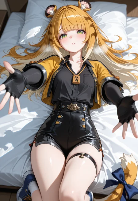 1girl,solo,Ju_Fufu, animal ear fluff, animal ears, tiger girl, tiger tail, green eyes, blonde hair, long hair, tail ornament, tail bow, blue bow, multicolored hair, colored inner hair, blunt bangs, black shorts, fingerless gloves, short shorts, yellow jacket, collared shirt, short sleeves, cropped jacket, thigh strap, black shirt, high-waist shorts, open jacket, shirt tucked in,  sleeves past wrists,looking_at_viewer, (upper_body:1.3), on back, evening, on bed, on back, heavy breathing, collarbone, partially_unbuttoned shirt, blush, reaching_towards_viewer, close up neck, collarbone focus,
masterpiece,best quality,amazing quality,very awa,absurdres,newest,very aesthetic,depth of field,highres,