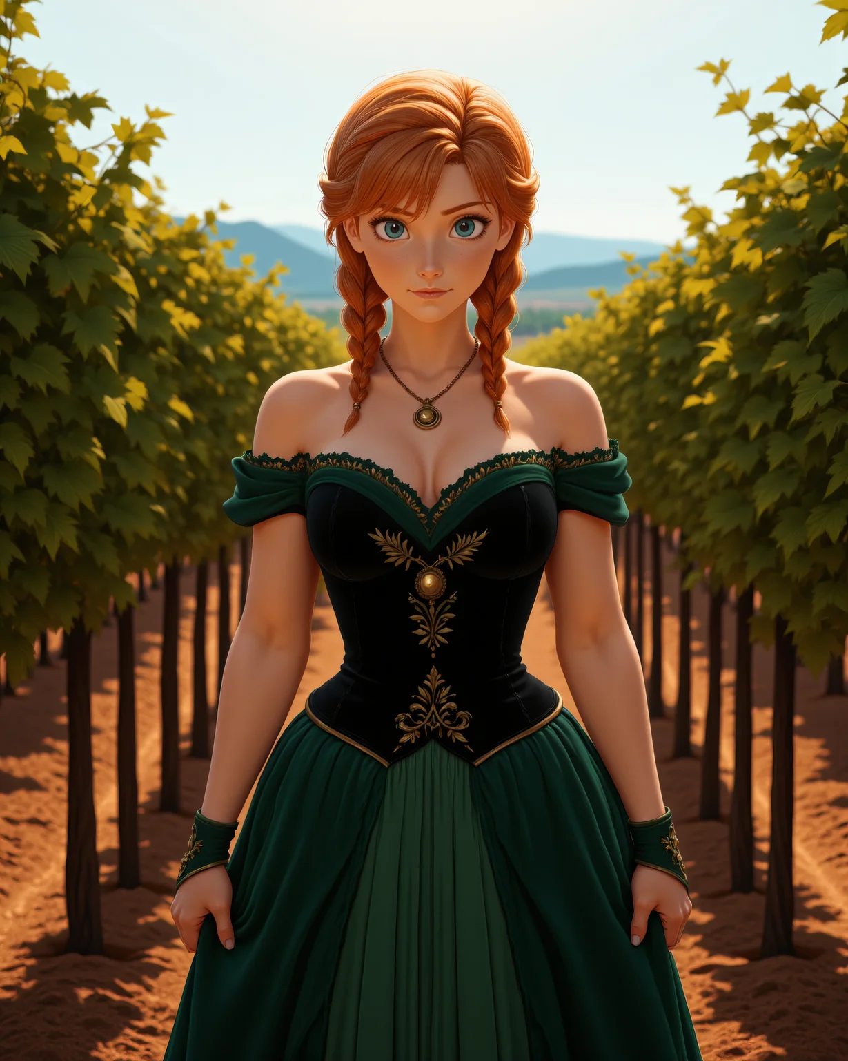 hyperRealistic Style in a wide shot. Looking at viewer, outdoors in daylight, Vengeful with a cold stare, clenched fists, and a determined, hard expression.
<lora:Frozen_-_Anna_v2_000030:1> f-anna an adult 25 year old woman she has blue eyes, orange hair and a freckled face. strawberry-blonde hair in twin braids, wearing
a young woman with strawberry-blonde hair in an elegant updo, wearing a dark green off-shoulder gown with black velvet corset bodice, golden green floral embroidery down the skirt, forest green layered underskirt, satin gloves, golden pendant, upright posture, soft ballroom lighting, hands clearly visible holding the skirt lightly, full-body view
A woman stands in a vineyard, her hands resting on a row of grapevines as the sun casts a warm glow across the rows of ripe fruit, ready for harvest.
