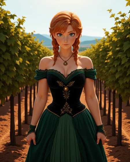 hyperRealistic Style in a wide shot. Looking at viewer, outdoors in daylight, Vengeful with a cold stare, clenched fists, and a determined, hard expression.
<lora:Frozen_-_Anna_v2_000030:1> f-anna an adult 25 year old woman she has blue eyes, orange hair and a freckled face. strawberry-blonde hair in twin braids, wearing
a young woman with strawberry-blonde hair in an elegant updo, wearing a dark green off-shoulder gown with black velvet corset bodice, golden green floral embroidery down the skirt, forest green layered underskirt, satin gloves, golden pendant, upright posture, soft ballroom lighting, hands clearly visible holding the skirt lightly, full-body view
A woman stands in a vineyard, her hands resting on a row of grapevines as the sun casts a warm glow across the rows of ripe fruit, ready for harvest.