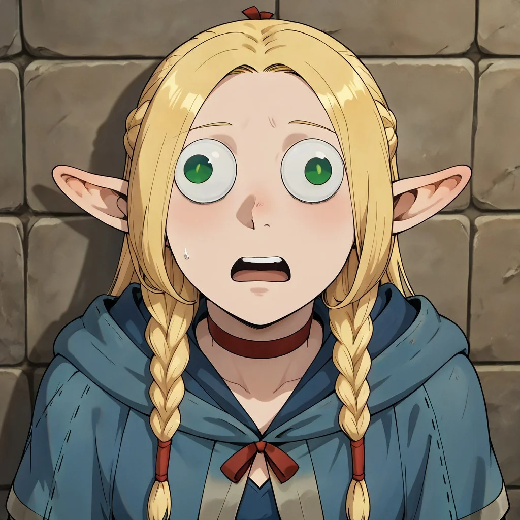masterpiece, best quality, newest, absurdres, highres, anime, anime style, wall-eyed, GUGIL-V1.0, googly eyes, 1girl, marcille_donato \(dungeon_meshi\), elf, pointy ears, green eyes, blonde, robe, blue robe, choker, MarcilleWalleyed,Derpface,open mouth, Wall eyed,