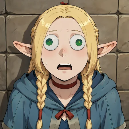 masterpiece, best quality, newest, absurdres, highres, anime, anime style, wall-eyed, GUGIL-V1.0, googly eyes, 1girl, marcille_donato \(dungeon_meshi\), elf, pointy ears, green eyes, blonde, robe, blue robe, choker, MarcilleWalleyed,Derpface,open mouth, Wall eyed,
