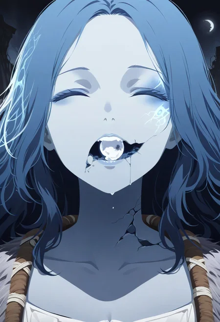 masterpiece,best quality, very aesthetic, absurdres, 1girl, close up, face focus, ruined cities, ruins, ranni_the_witch, high contrast, drastic lighting, minimalism, holding broken moon, moon in mouth, eating moon, moon broken, hard orgasm face