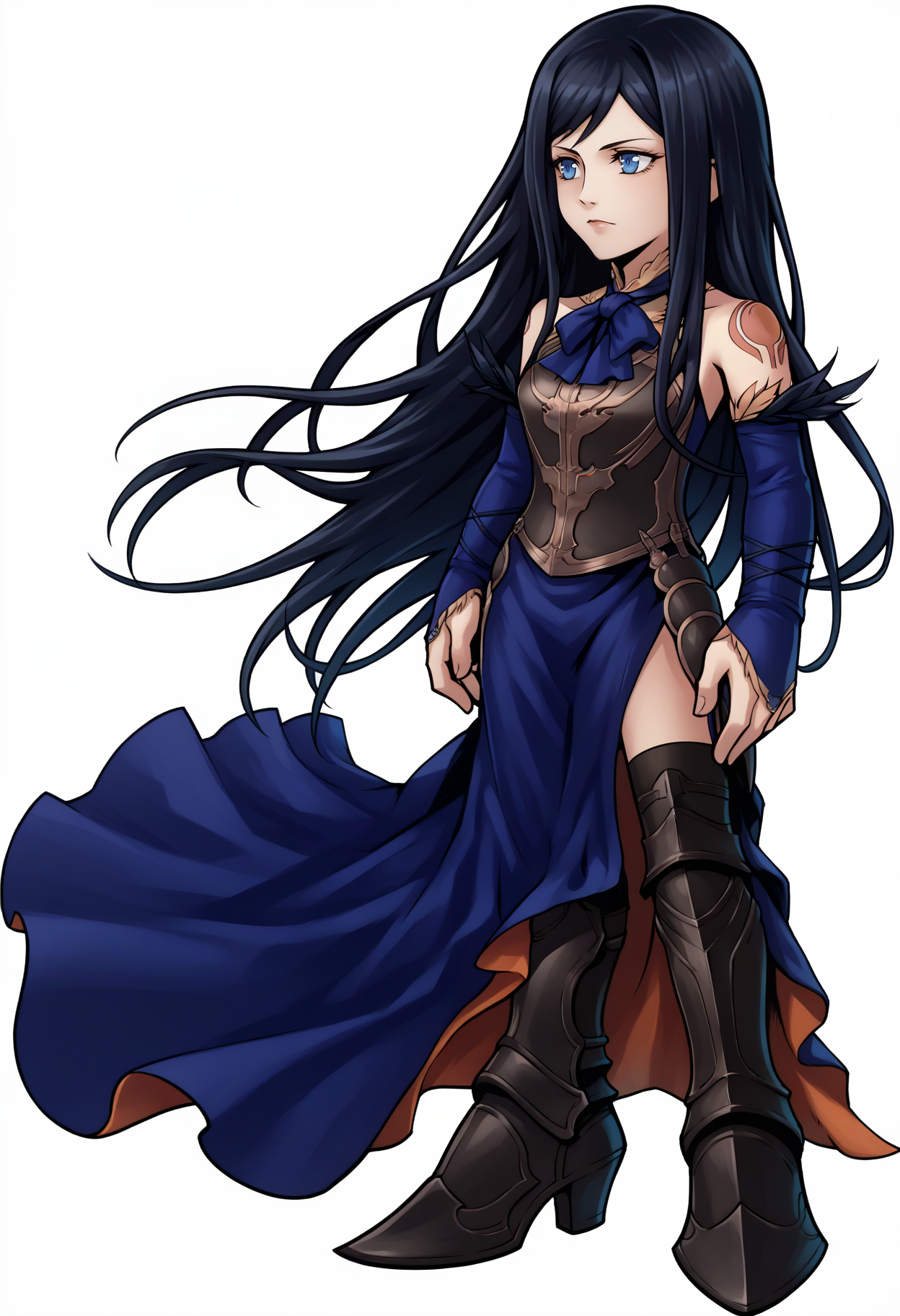 score_9, score_8_up, score_7_up, source_anime, 1girl, <lora:zs_OperaOmniaStyleXL:1> operaomniastyle, full body, white background,  <lora:ShanoaCV-pdxl:1> shanCV, long hair, black hair, blue eyes, blue dress, bare shoulders, tattoo, blue bowtie, armor, breastplate, bridal gauntlets, feather trim, side slit, black thighhighs, greaves, high heel boots