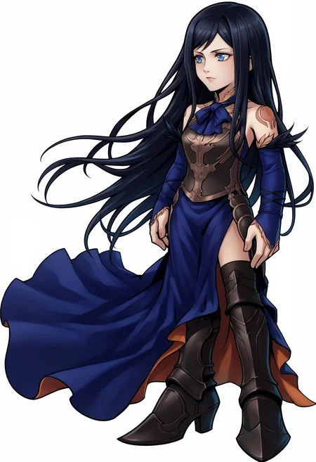 score_9, score_8_up, score_7_up, source_anime, 1girl, <lora:zs_OperaOmniaStyleXL:1> operaomniastyle, full body, white background, <lora:ShanoaCV-pdxl:1> shanCV, long hair, black hair, blue eyes, blue dress, bare shoulders, tattoo, blue bowtie, armor, breastplate, bridal gauntlets, feather trim, side slit, black thighhighs, greaves, high heel boots
