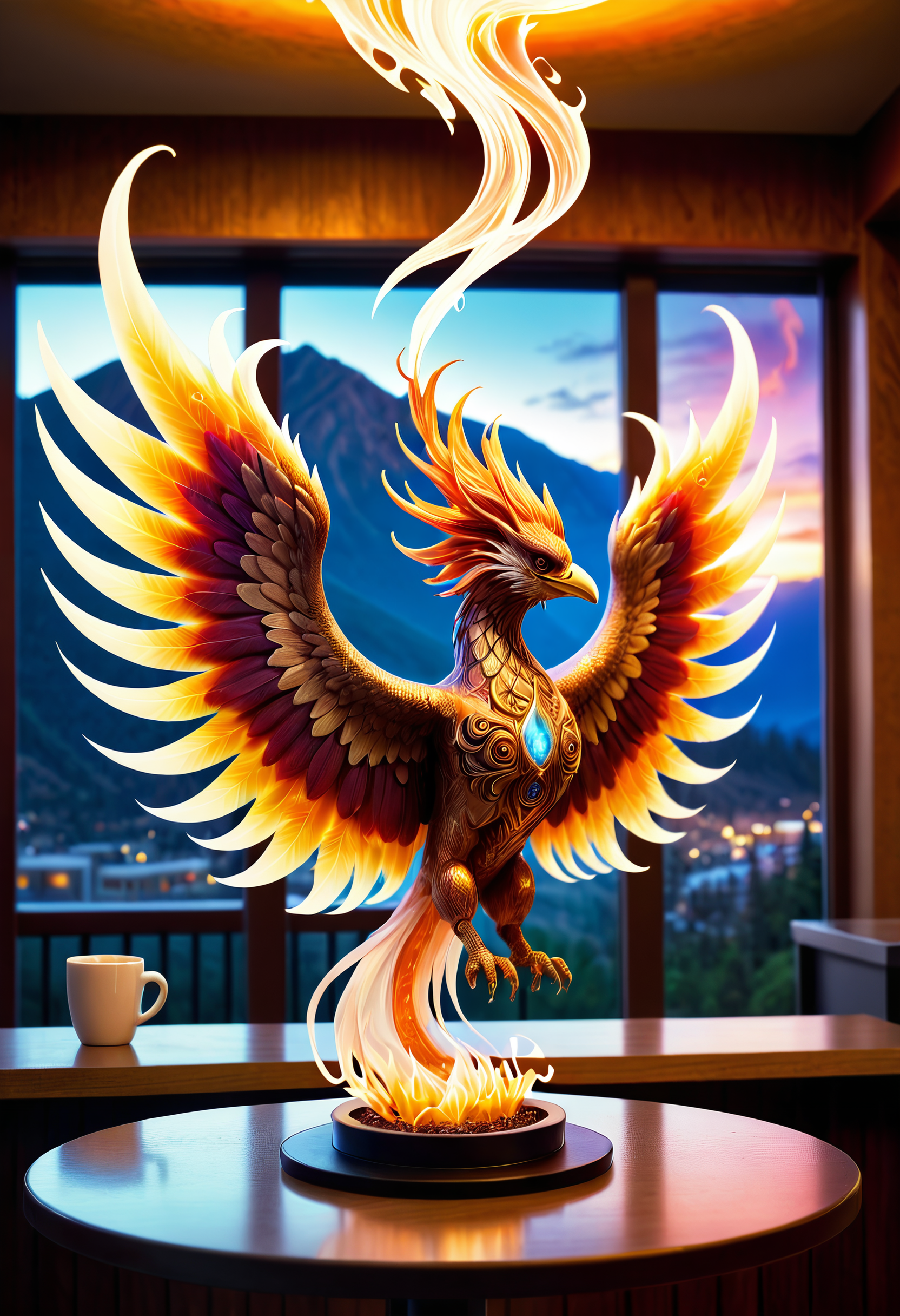 Abstract realism style with a blend of realistic elements and abstract interpretations, A radiant phoenix with luminescent tattoos of swirling flames and celestial feathers, each mark glowing with the eternal flame of rebirth, Ghostly apparition over mystical mountains, ethereal mystery channeling Hotel California's intrigue, apparition, ethereal, mountain range, mystical, Hotel California, album cover, mystery, goldfish, Coffee Shop, Tableside, The machine gun rests on a coffee shop table, its screen illuminated as its user browses the internet or works on a project. The aroma of freshly brewed coffee fills the air, creating a cozy ambiance, Political Drama with stark lighting and intense close-ups, political drama, stark lighting, intense close-ups, drama, abstract realism, blend, realistic elements, abstract interpretations, innovative, experimental, dynamic, thought-provoking