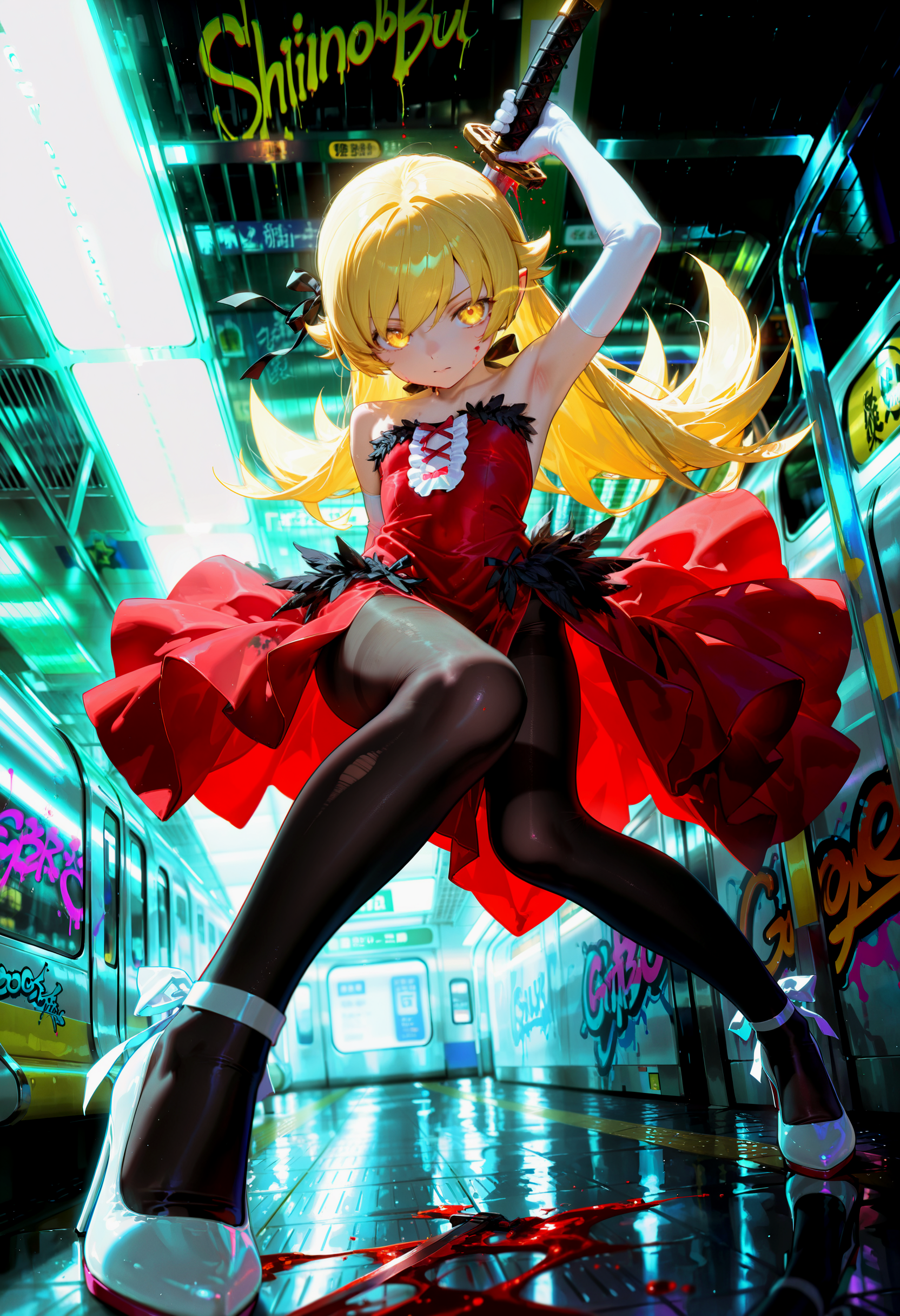 1girl, petite, oshino shinobu, yellow eyes, glowing eye, blonde hair, flat chest, strapless dress, red dress, long dress, side slit, black pantyhose, black hair ribbon, black feather trim, white elbow gloves, white shoes, high heels, holding sword, ootachi, blood, dynamic pose, perspective, subway station, graffiti, backlighting, high contrast, masterpiece, best quality, very awa, absurdres, highres, newest, <lora:Detailer\cfg_scale_boost:0.5><lora:Detailer\sdxl_enhance:2>