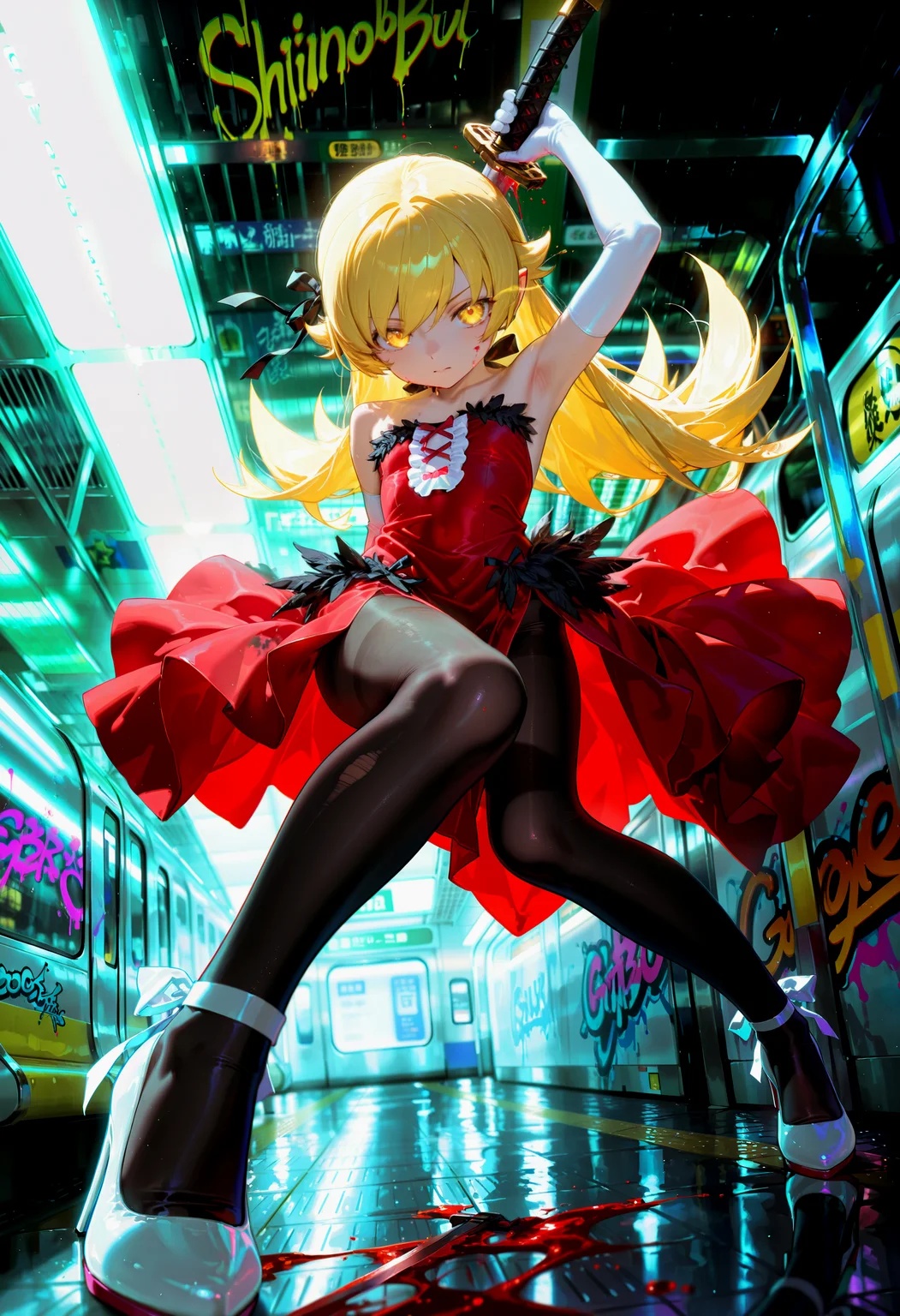 1girl, petite, oshino shinobu, yellow eyes, glowing eye, blonde hair, flat chest, strapless dress, red dress, long dress, side slit, black pantyhose, black hair ribbon, black feather trim, white elbow gloves, white shoes, high heels, holding sword, ootachi, blood, dynamic pose, perspective, subway station, graffiti, backlighting, high contrast, masterpiece, best quality, very awa, absurdres, highres, newest, <lora:Detailer\cfg_scale_boost:0.5><lora:Detailer\sdxl_enhance:2>