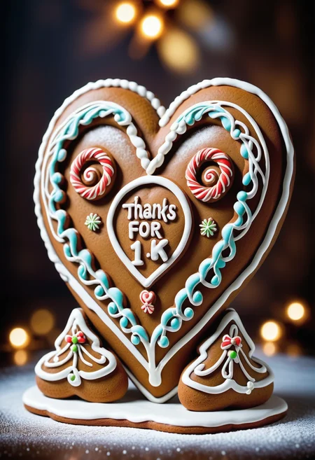 masterpiece, very inspirational, <lora:GingerbreadStyle_epoch_10:0.8> Gingerbread, icing, (((Gingerbreadheart with the sign " thanks for 1k follower:1.8"))), excellent composition, complimentary colors, enhanced quality, highly decorated, rich vivid colors, cinematic atmosphere, vivid colors, luxury