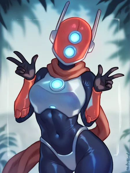 score_9, score_8_up, score_7_up, score_6_up, by ujs, by trz, by zzg, by jtv, huntress, huntress \(risk of rain\), humanoid, mammal, robot, robot humanoid, female, solo, standing, breasts, helmet, [[[[[blue]]]]] bodysuit, scarf, armor, gloves, thick thighs, breastplate, standing, looking at viewer, unusual eyes, helmet, three-quarter portrait, upper body, antennae, glowing, front view, from front, slim, athletic, 
 <lora:huntress_pdxl_:1>