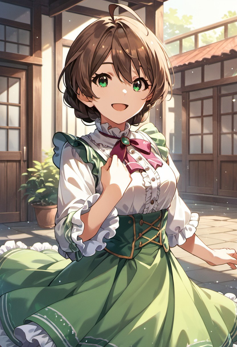 score_9, score_8_up, score_7_up, source_anime, sakuramori kaori, green eyes, brown hair, ahoge, 1girl, solo, braid, looking at viewer, treble clef, frills, smile, open mouth, frilled sleeves, skirt, shirt
