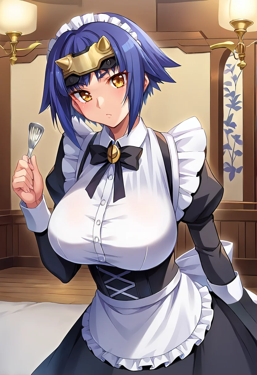 score_9, score_8_up, score_7_up, source_anime, masterpiece BREAK rating_safe, ct_k4guya, blue hair, short hair, large breasts, forehead protector, looking at viewer, indoors, cowboy shot, maid, maid <lora:Kaguya_OnnaKanbu_Pony_ct:0.9>