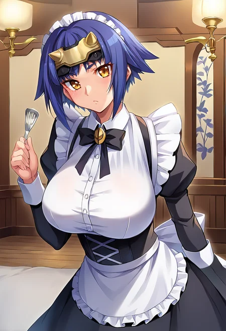 score_9, score_8_up, score_7_up, source_anime, masterpiece BREAK rating_safe, ct_k4guya, blue hair, short hair, large breasts, forehead protector, looking at viewer, indoors, cowboy shot, maid, maid <lora:Kaguya_OnnaKanbu_Pony_ct:0.9>