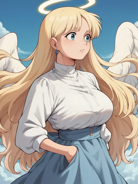 score_9, score_8_up, score_7_up, score_6_up, score_5_up, score_4_up, <lora:gh1bl1XLP:0.8> gh1bl1, 1girl, long hair, curvy, large breasts,angel