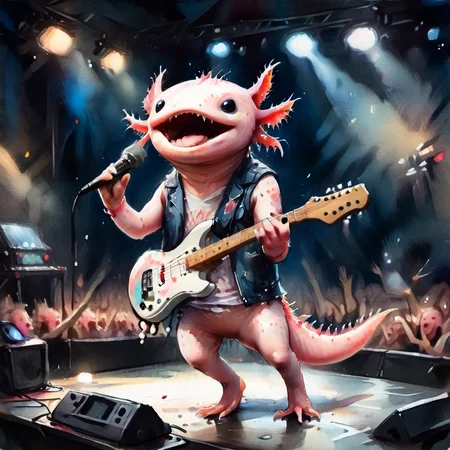 (watercolor style) axomodelxl, axolotl as a rock star, performing on stage, flashing lights and screaming fans