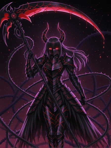 vivid storm, blood splashes, blood drops, 1girl, armored female, goddess of thunder, holding a scythe, huge magical scythe surrounded by light particles, the scythe is engraved with runes, scythe with backlighting, thorns around scythe, bloody thorns, adorned horns glowing, darkness, backlighting, black thunder, vines, thorns, dim background, dark background, colors, vivid storm,