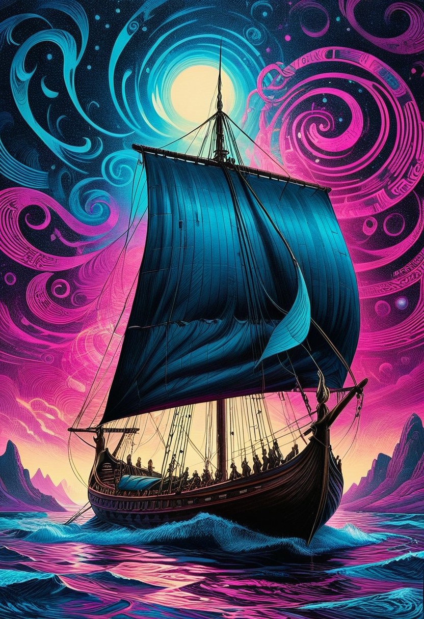 A viking ship with its distorted masts twist like (all dark hues and fine vibrant magenta glowing  background, jewelry, sitting, trippy, 60s style, op art, dark blues and blacks, swirling patterns, hypnotic, art by
<lora:InkArtXL_1.2:0.4> <lora:FaeTastic:0.35> . award-winning, professional, highly detailed . extremely high-resolution details, photographic, realism pushed to extreme, fine texture, incredibly lifelike, high contrast, well defined .